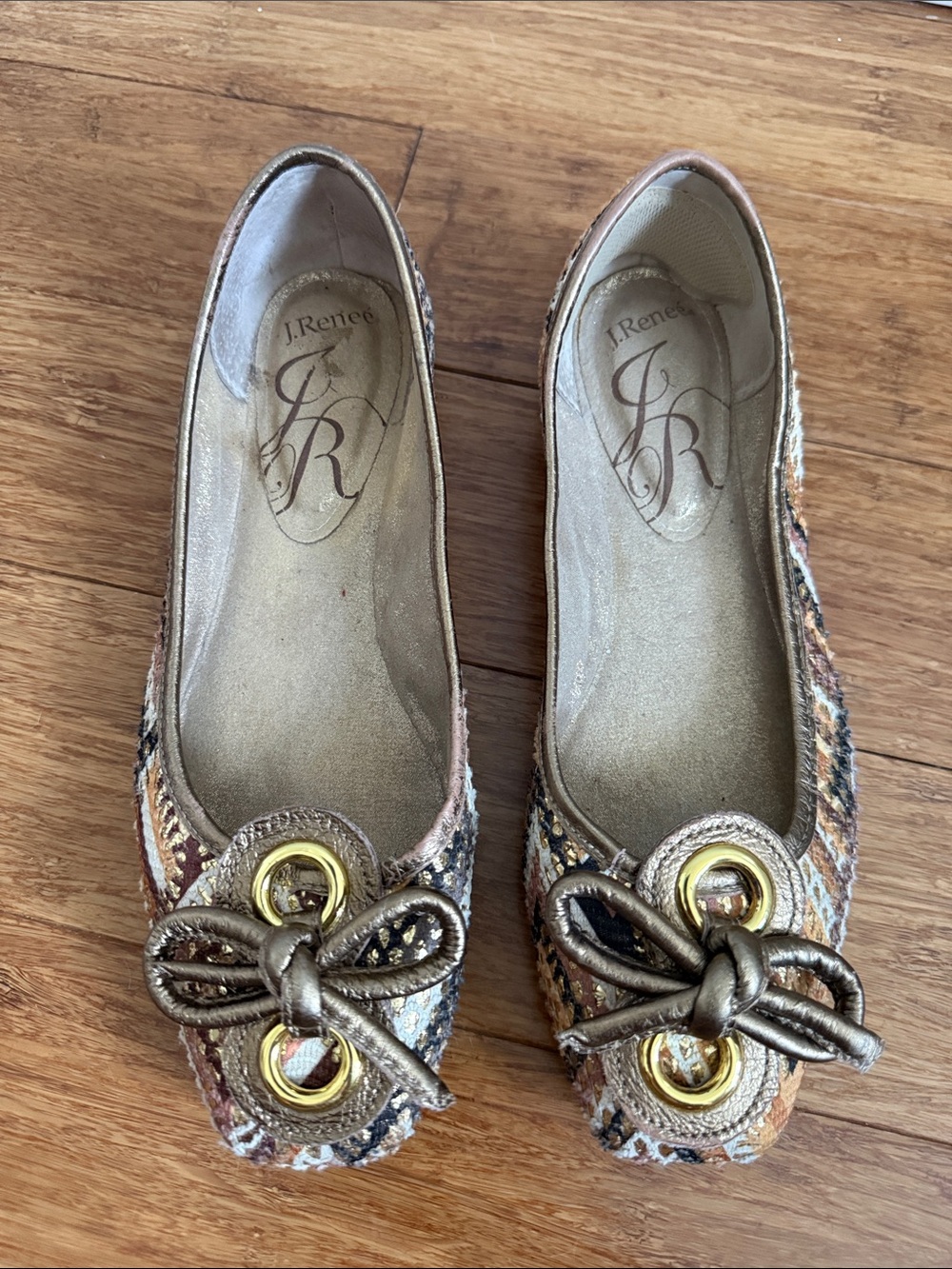 J.Renee Multicolor Tweed Ballet Flats with Gold Eyelet Bow